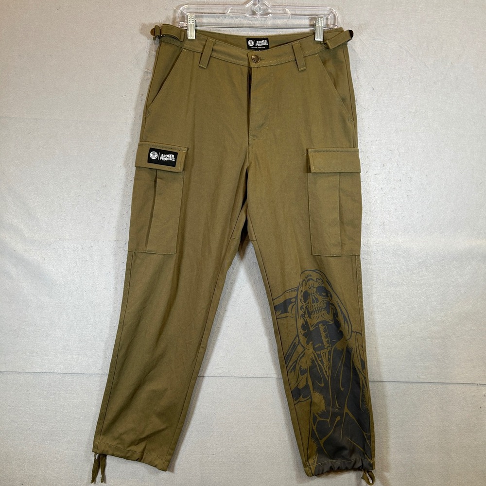 Broken Promises Pants Mens 30 Cargo Green Grim Reaper Graphic Streetwear